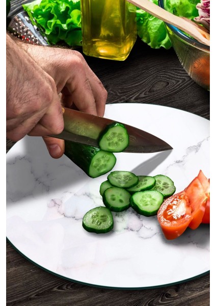 Cam Kesme Tahtası Yuvarlak Beyaz Mermer Desenli 30X30 cm modelleri
