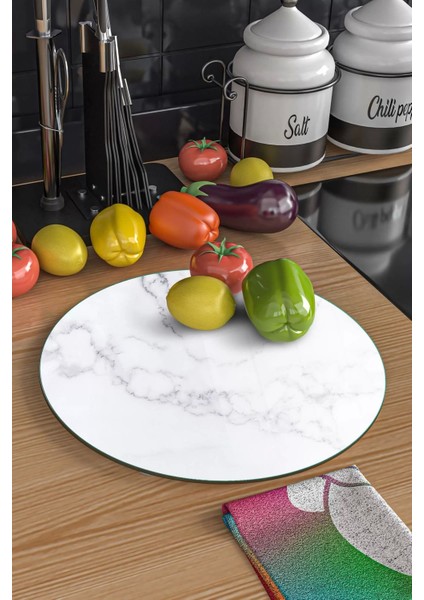 Cam Kesme Tahtası Yuvarlak Beyaz Mermer Desenli 30X30 cm indirimleri