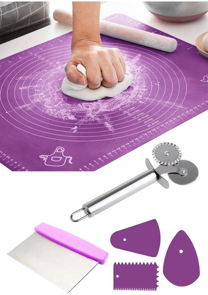 6 Parça Hamur Açma Seti | Silikon Hamur Açma Matı & Hamur Spatulası & Pizza & 3'lü Dekoratör