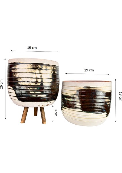 Ev Dekorasyon Aksesuar Yeşil Sırlı Terrakota Toprak Saksı Saksılık Salon Çiçeklik İkili Set Ayaksız - 3 Ayaklı- 19 CM