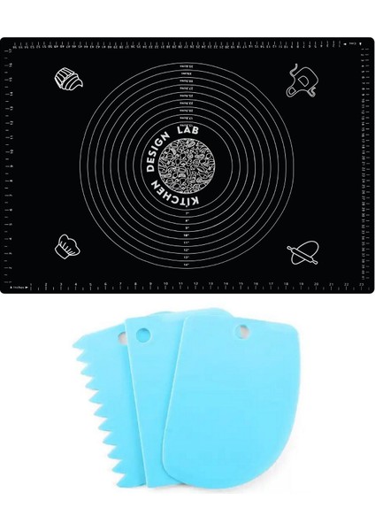 2'li Set Siyah 45X65 cm Silikon Hamur Açma Matı ve Hamur Şekillendirme Seti 3’lü