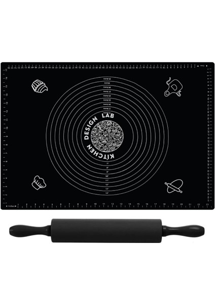 2'li Set Siyah 45X65 cm Silikon Hamur Açma Matı ve Antrasit Silikon Merdane 42 cm