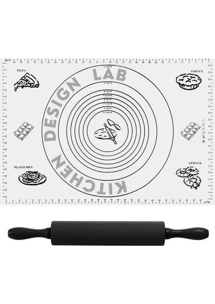 2'li Set Beyaz 45X65 cm Silikon Hamur Açma Matı ve Antrasit Silikon Merdane