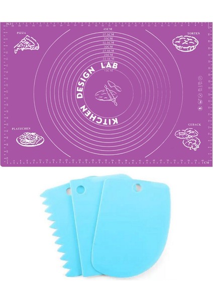 2'li Set Mor 45X65 cm Silikon Hamur Açma Matı ve Hamur Şekillendirme Seti 3’lü
