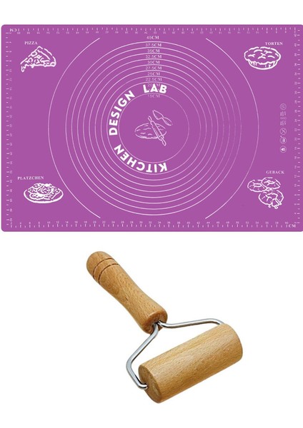 2'li Set Mor 45X65 cm Silikon Hamur Açma Matı ve Pratik Ahşap Saplı Silindir Hamur Açıcı