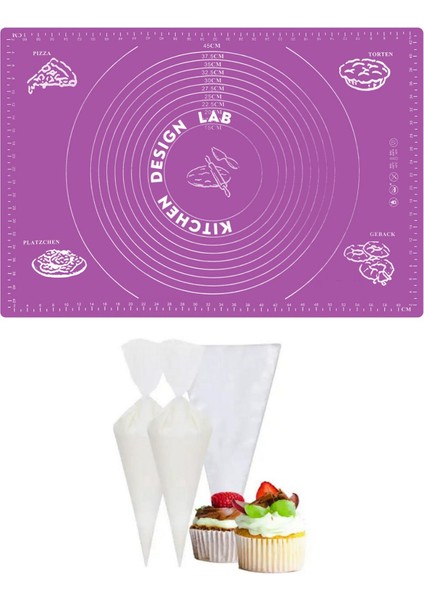 2'li Set Mor 45X65 cm Silikon Hamur Açma Matı ve Kullan At Krema Torbası