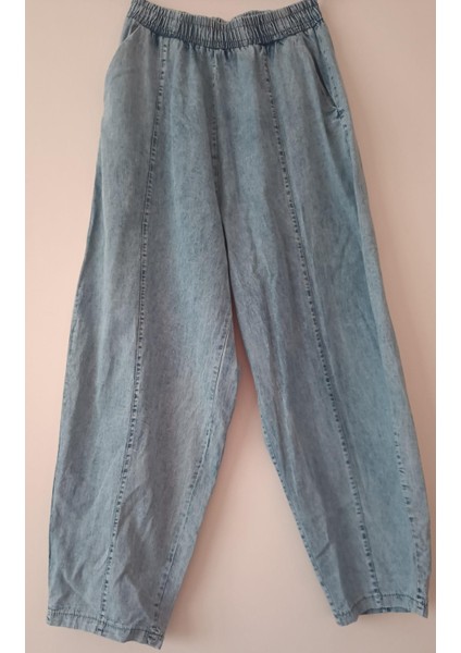 Beli Lastikli Denim Görünümlü Şalvar Pantolon