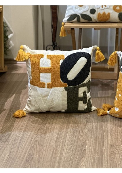 Tekli Home Yazılı Punch Işlemeli Nakışlı Dekoratif Premium Kırlent Kılıfı