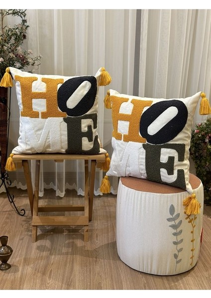 Tekli Home Yazılı Punch Işlemeli Nakışlı Dekoratif Premium Kırlent Kılıfı