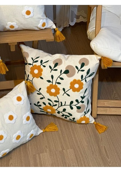 4’lü Punch Işlemeli Nakışlı Çiçek Desenli Dekoratif Kırlent Kılıfı Panç
