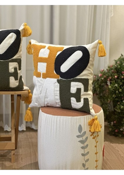 Tekli Home Yazılı Punch Işlemeli Nakışlı Dekoratif Premium Kırlent Kılıfı