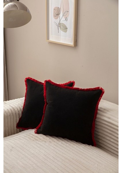 Siyah Rengi Saçaklı Tek Renk 43X43 Kırlent Kılıfı