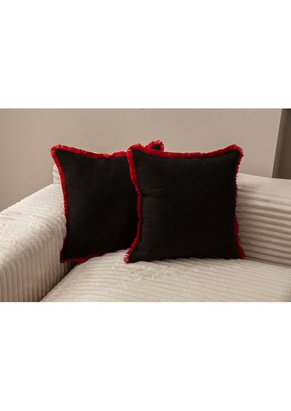 Siyah Rengi Saçaklı Tek Renk 43X43 Kırlent Kılıfı