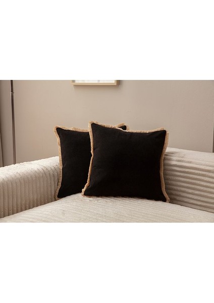 Siyah Rengi Saçaklı Tek Renk 43X43 Kırlent Kılıfı