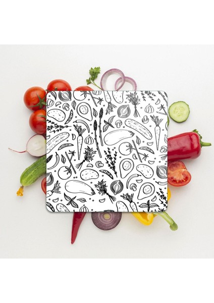 Cam Kesme Tahtası Kare Siyah Beyaz Sebze Desenli