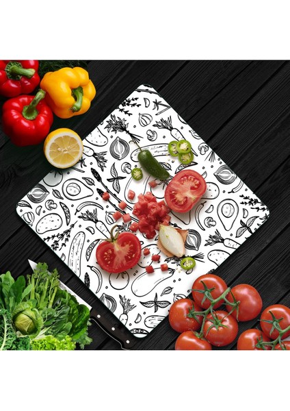 Cam Kesme Tahtası Kare Siyah Beyaz Sebze Desenli fiyatları