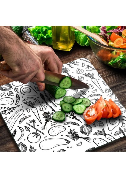 Cam Kesme Tahtası Kare Siyah Beyaz Sebze Desenli modelleri