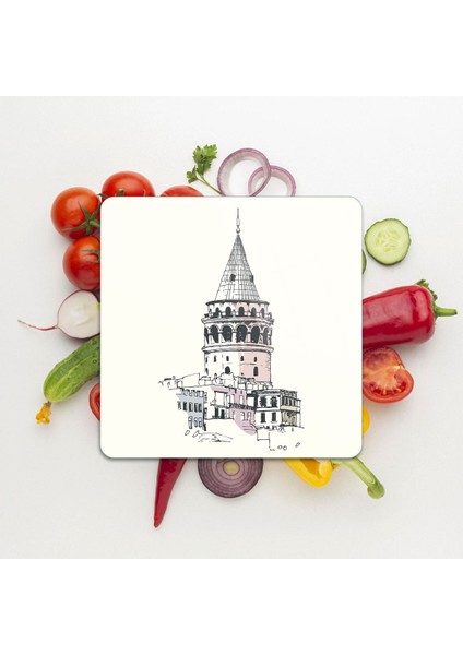 Cam Kesme Tahtası Kare Galata Kulesi Desenli