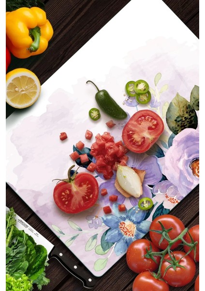 Cam Kesme Tahtası Suluboya Mor Çiçek Desenli fiyatları