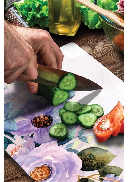 Cam Kesme Tahtası Suluboya Mor Çiçek Desenli modelleri