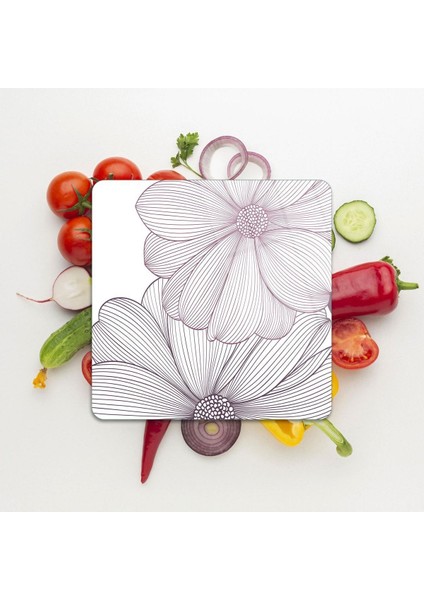 Cam Kesme Tahtası Kare Çizgi Çiçekler Desenli