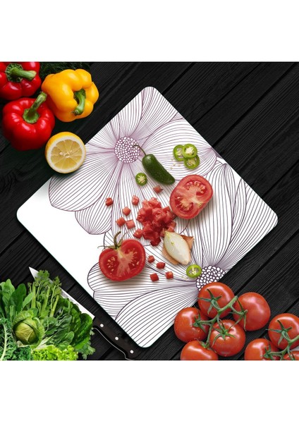 Cam Kesme Tahtası Kare Çizgi Çiçekler Desenli fiyatları