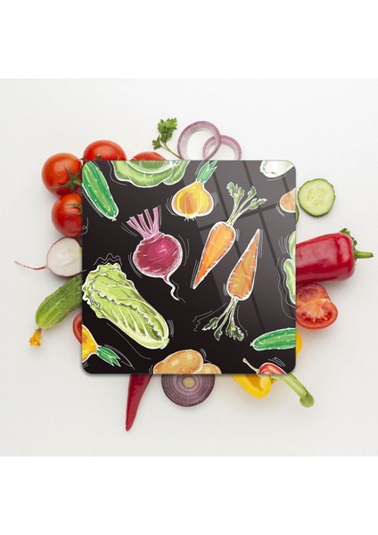Cam Kesme Tahtası Kare Sebze Desenli