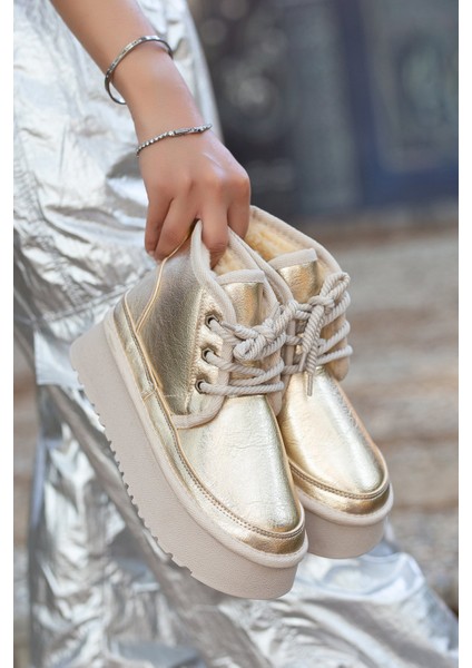 Mini Kürk Astarlı Kalın Taban Bağcıklı Rahat Kadın Bot