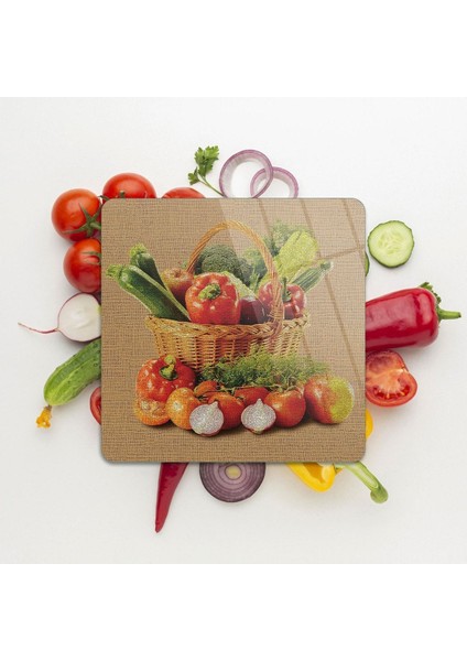 Cam Kesme Tahtası Kare Sebze Sepeti Desenli 30 x 30 cm