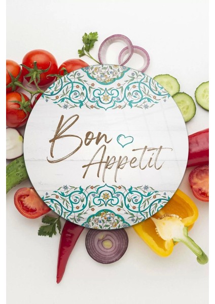 Cam Kesme Tahtası Yuvarlak Bon Appetit Desenli