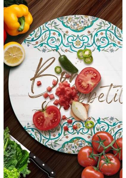 Cam Kesme Tahtası Yuvarlak Bon Appetit Desenli fiyatları