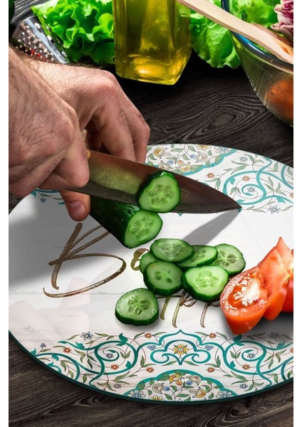 Cam Kesme Tahtası Yuvarlak Bon Appetit Desenli modelleri