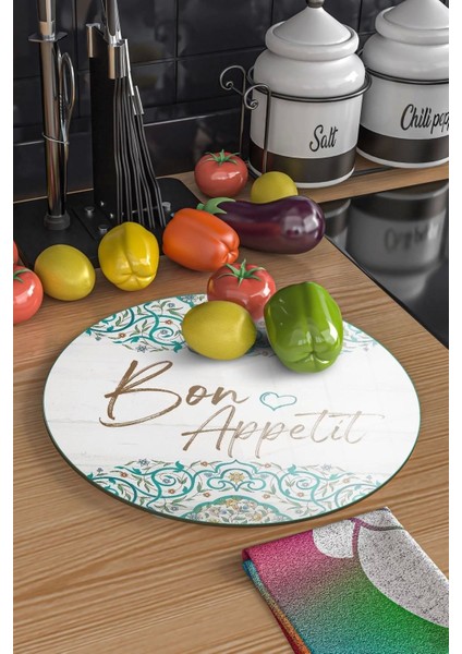 Cam Kesme Tahtası Yuvarlak Bon Appetit Desenli indirimleri