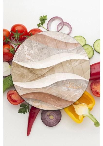 Cam Kesme Tahtası Yuvarlak Dalgalı Mermer Desenli