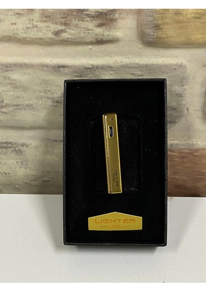 Marka USB Şarjlı Elektrikli Sarı Gold Kişiye Özel Çakmak