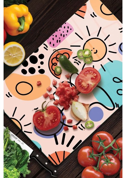 Cam Kesme Tahtası Renkli Geometrik Çizgi Desenli fiyatları