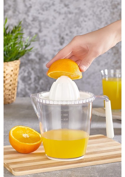 1 Litre Şeffaf ml Ölçülü Narenciye Sıkacağı, Beyaz Kulplu