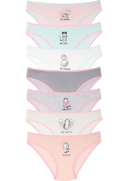 Kız Çocuk 7 Adet Bikini Sevimli Kedi Desenli Karışık Renkli 7 Li Külot
