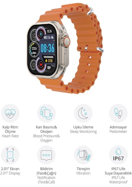 9921 Akıllı Saat / 2.01" Ekran / Uyku Izleme / IP67 Suya Dayanıklılık / Kalp Ritm Ölçme / Adımsayar modelleri