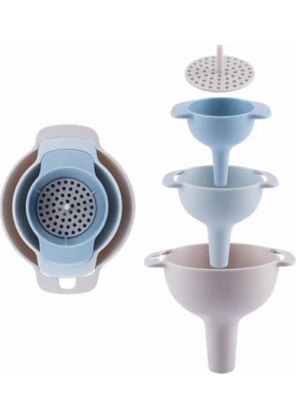 3+ Pratik 4'lü Huni Seti Süzgeçli 3 Farklı Boy Huni ve 1 Adet Süzgeç Plastik