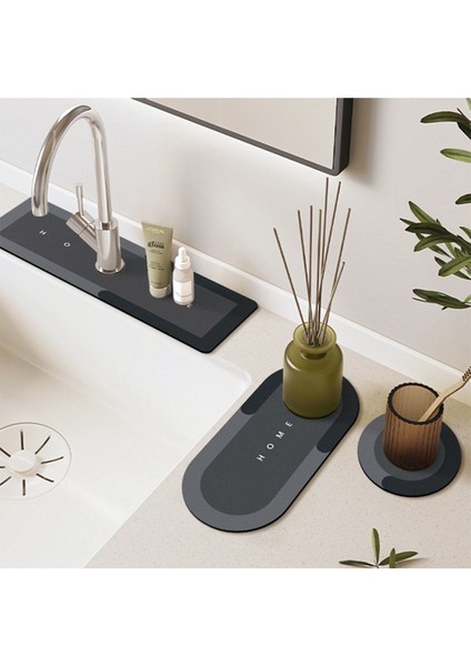 Mikrofiber Else Antrasit Musluk Matı 3 Lü Set Mutfak Organizer Lavabo Matı Sabunluk Bulaşık Süngeri