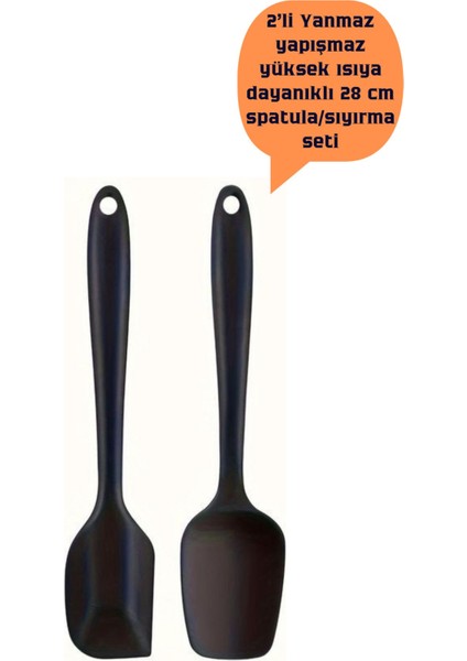2 2'li Tam Silikon Yüksek Isıya Dayanıklı Yanmaz Yapışmaz Spatula Sıyırma Seti 28 cm Siyah Silikon