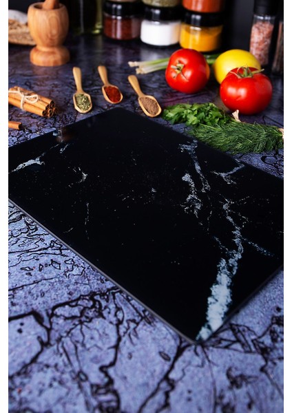 35 x 25 Temperli Cam Kesim Tahtası 25*35 Siyah Mermer – Çizilmez, Isıya Dayanıklı, Kırılmaz, Kaymaz