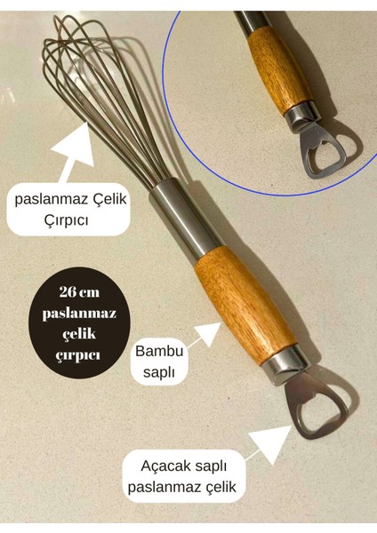 1 1 Adet 26 cm Bambu Saplı Açacak Saplı Ultra Kalın Telli Çırpıcı, Gazoz Şişe Açacak Saplı Paslanma