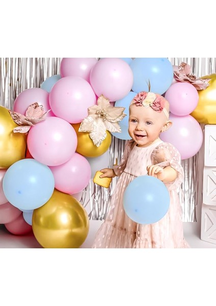 60 adet pembe - gold - açık mavi Set + balon zinciri metalik parlak balon seti