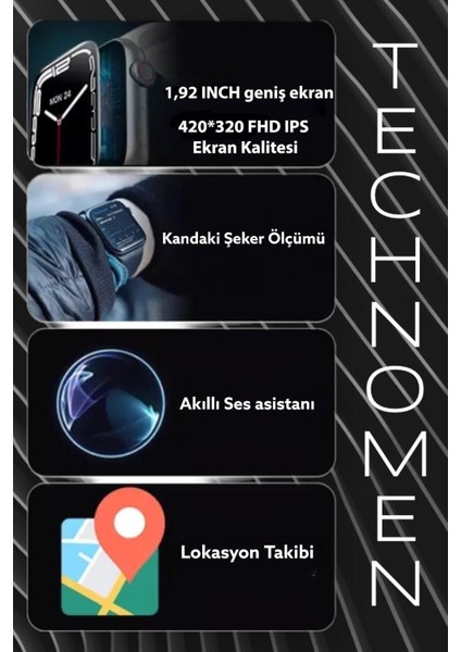 Airm7 Max Akıllı Saat Kablosuz Şarj 2 Tuş Aktif Konum Takip Siri Sesli Mesaj Yazma 1,92'' Geniş Ekr