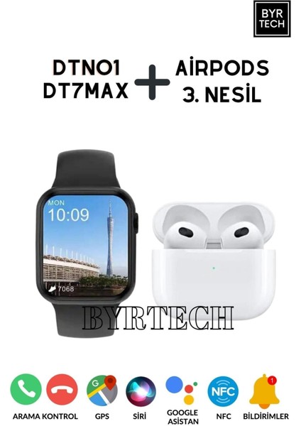 Dtno1 Watch 7 Series Gps/nfc/siri Destekli Akıllı Saat Tws 3.nesil Bluetooth Kulaklık