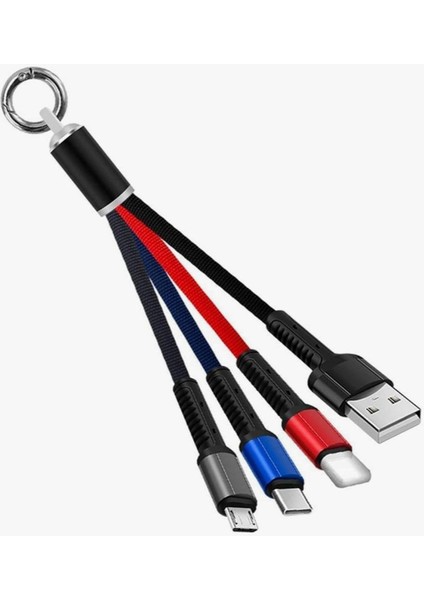 Şarj Kablosu 3 'in 1 USB Çıkışlı Miikro Type-C 8pin Uyumlu Işıklı Anahtarlık Model
