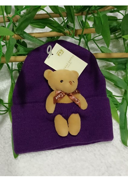 Bear Pelüş Kahve Ayıcıklı Bere Renkli Tedy Figürlü Unisex Mor Örgü