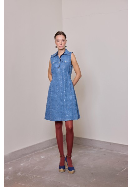 Vitus Kot Mini Elbise - Delikli ve Payetli Kumaş Metal Çıtçıtlı